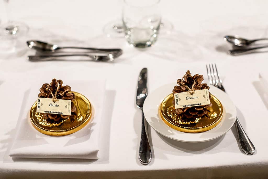Pinecone Name Places at Winter Wedding 