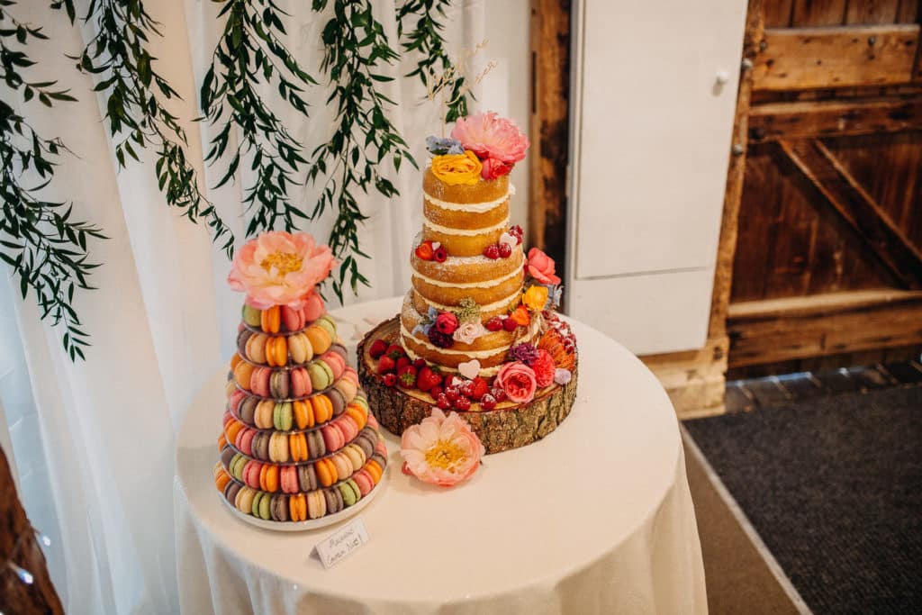 Colourful Wedding Cake at Macaroon Tower at South Farm Cambridgeshire